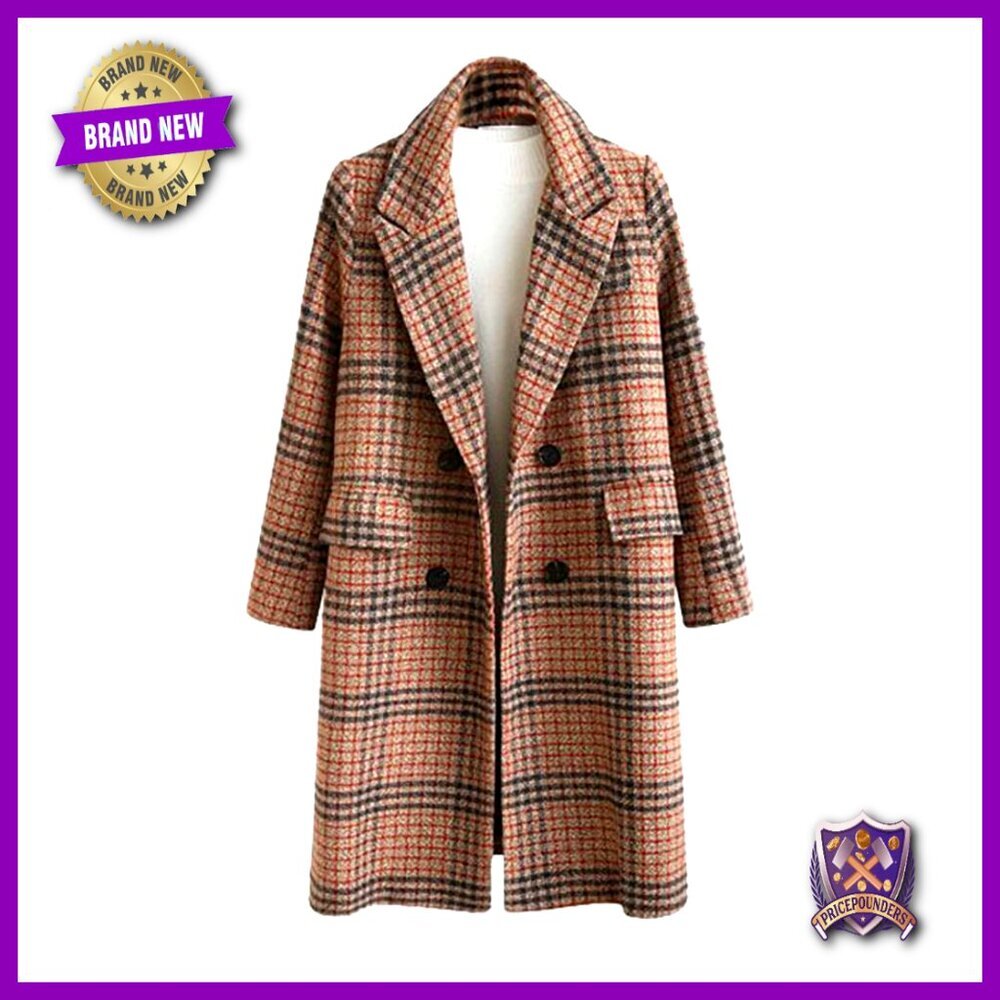 Oversized Pea Coat Wool Plaid Double Breasted Knee Length Winter Jacket